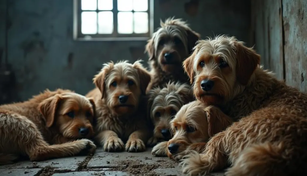 des chiens secourus dans une maison insalubre souffrent de pelages gravement emmêlés, révélant des conditions de vie déplorables et un cri d'alerte pour leur protection.