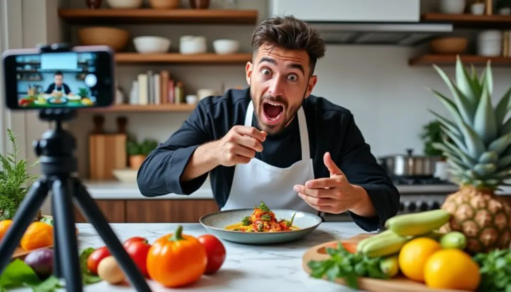 découvrez un influenceur aux millions d'abonnés en pleine séance de cuisine captivante, suivi d'une dégustation surprenante qui va éveiller vos papilles et vous inspirer.